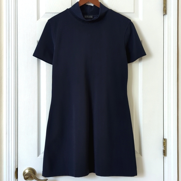 Limited 90's Vintage Classic Short Sleeve Mock Neck Mini Shift Dress Navy Large - Picture 1 of 10